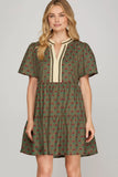Carnation Print Tiered Mini Dress w Contrast Neckline - Olive Brown