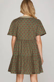 Carnation Print Tiered Mini Dress w Contrast Neckline - Olive Brown