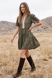 Carnation Print Tiered Mini Dress w Contrast Neckline - Olive Brown