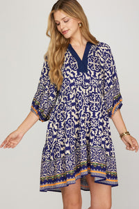 Border Medallion Print Tiered Pocket Mini Dress