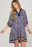 Border Medallion Print Tiered Pocket Mini Dress