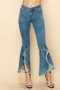 High Rise Ruffled Split Bell Bottom Pants