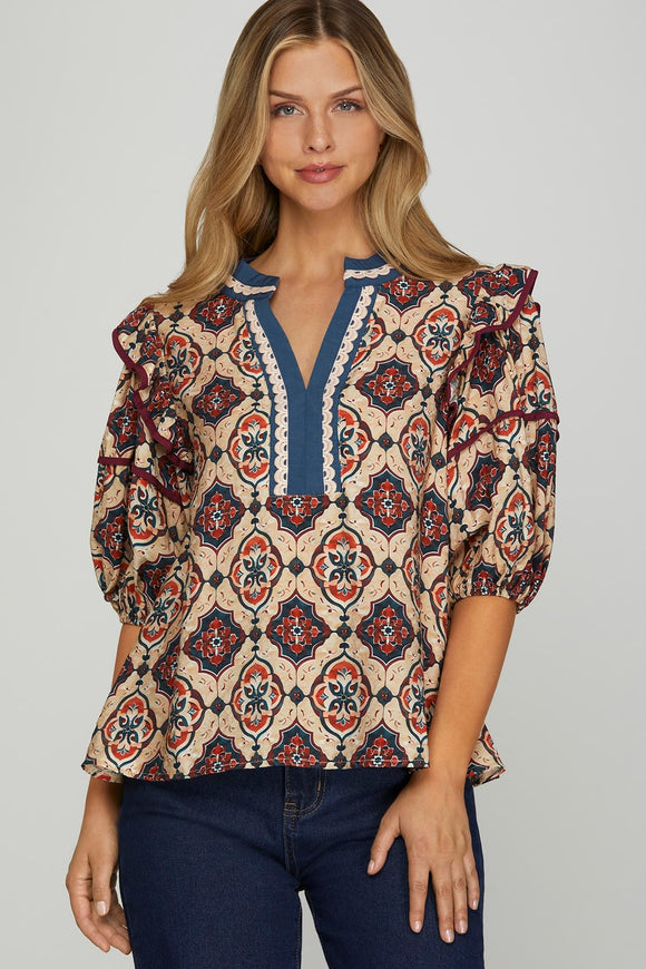 Emilia Moroccan Split Neck Ruffle Blouse