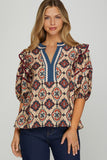 Emilia Moroccan Split Neck Ruffle Blouse