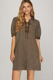 Puff Sleeve Lace-Up Twill Pocket Mini Dress