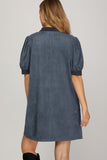 Puff Sleeve Lace-Up Twill Pocket Mini Dress