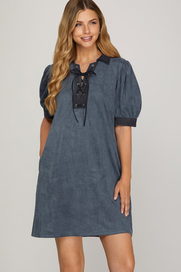 Puff Sleeve Lace-Up Twill Pocket Mini Dress