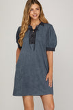 Puff Sleeve Lace-Up Twill Pocket Mini Dress