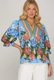 Isla Garden Party Puff Sleeve Top- Blue