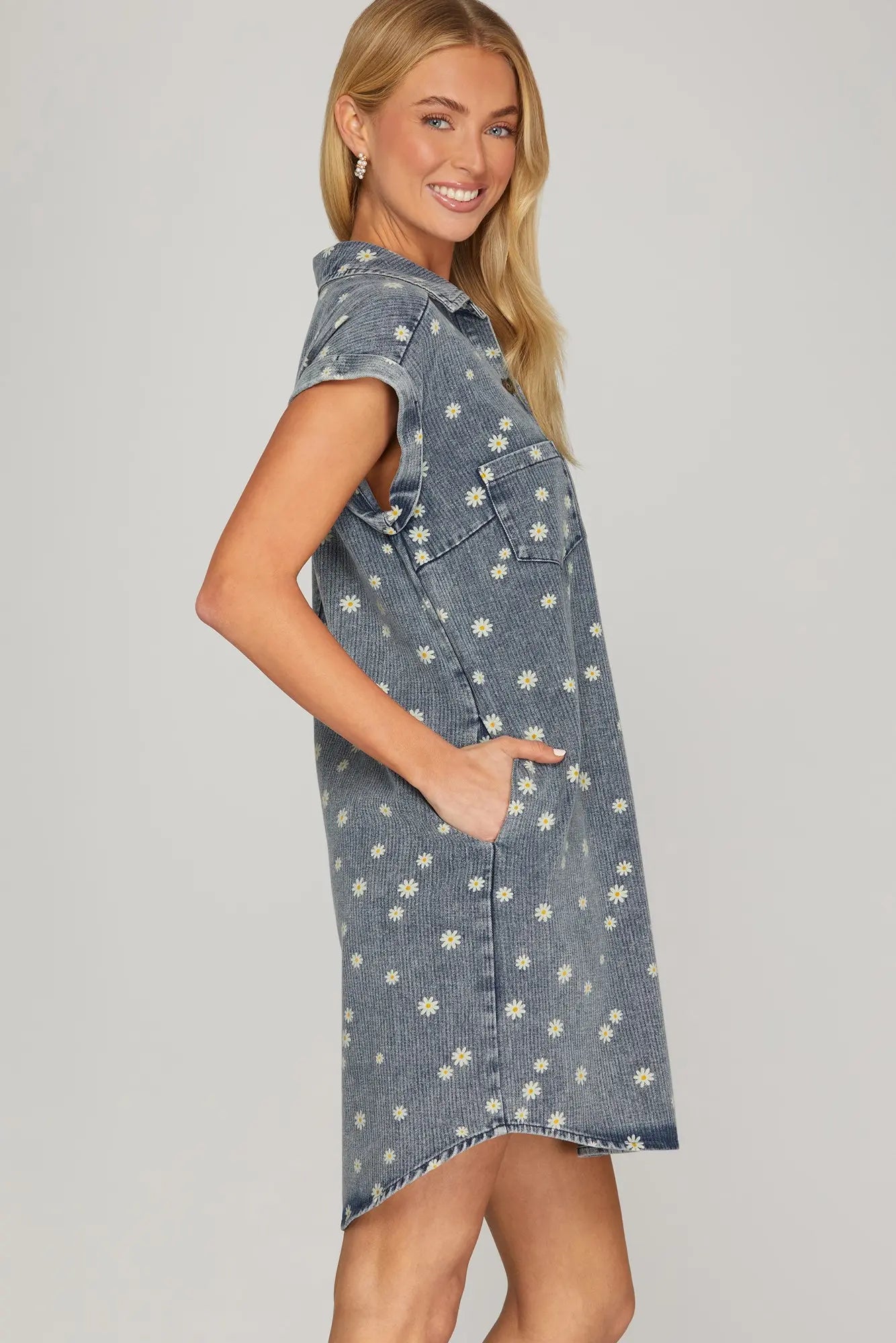 Daisy Days Button Front Dress- Denim Blue Denim Blue / Small