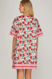Poppy Garden Contrast Trim Shift Dress- Red/Pink