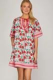 Poppy Garden Contrast Trim Shift Dress- Red/Pink