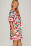 Poppy Garden Contrast Trim Shift Dress- Red/Pink