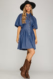 Smocked Waist Puff Sleeve Shirt Dress