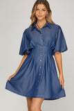Smocked Waist Puff Sleeve Shirt Dress