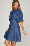 Smocked Waist Puff Sleeve Shirt Dress
