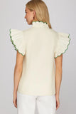 Scalloped Edge Flutter Sleeve Blouse