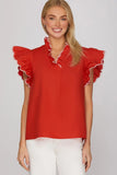 Scalloped Edge Flutter Sleeve Blouse