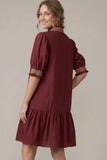 Harvest Charm Ruffle Trim Mini Dress with Pockets - Wine