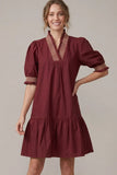 Harvest Charm Ruffle Trim Mini Dress with Pockets - Wine