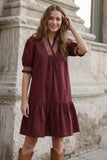Harvest Charm Ruffle Trim Mini Dress with Pockets - Wine