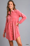 Mineral Wash Button-Up Tiered Dress with Frayed Edges