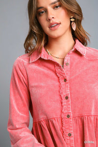Mineral Wash Button-Up Tiered Dress with Frayed Edges