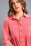 Mineral Wash Button-Up Tiered Dress with Frayed Edges