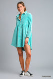 Mineral Wash Button-Up Tiered Dress with Frayed Edges