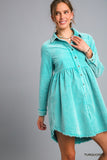 Mineral Wash Button-Up Tiered Dress with Frayed Edges
