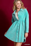 Mineral Wash Button-Up Tiered Dress with Frayed Edges