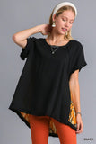 Zebra Satin Back Top with High Low Hem Fringe Hem