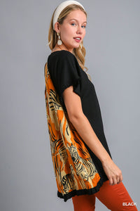 Zebra Satin Back Top with High Low Hem Fringe Hem