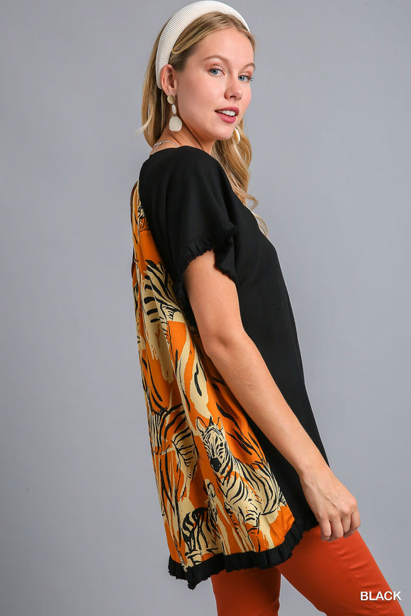 Zebra Satin Back Top with High Low Hem Fringe Hem