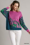Colorblock Leopard Pullover Sweater - Green/Purple