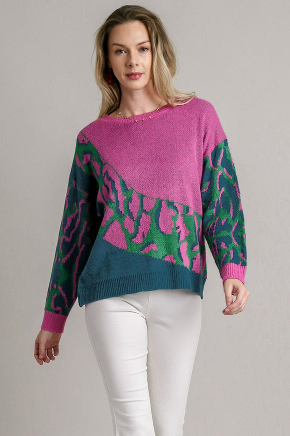 Colorblock Leopard Pullover Sweater - Green/Purple