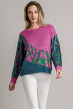 Colorblock Leopard Pullover Sweater - Green/Purple