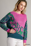 Colorblock Leopard Pullover Sweater - Green/Purple