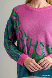 Colorblock Leopard Pullover Sweater - Green/Purple