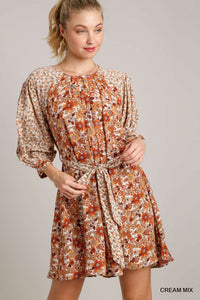 Mini Floral 3/4 Sleeve Mix Dress with Belt Tie - Cream/Rust
