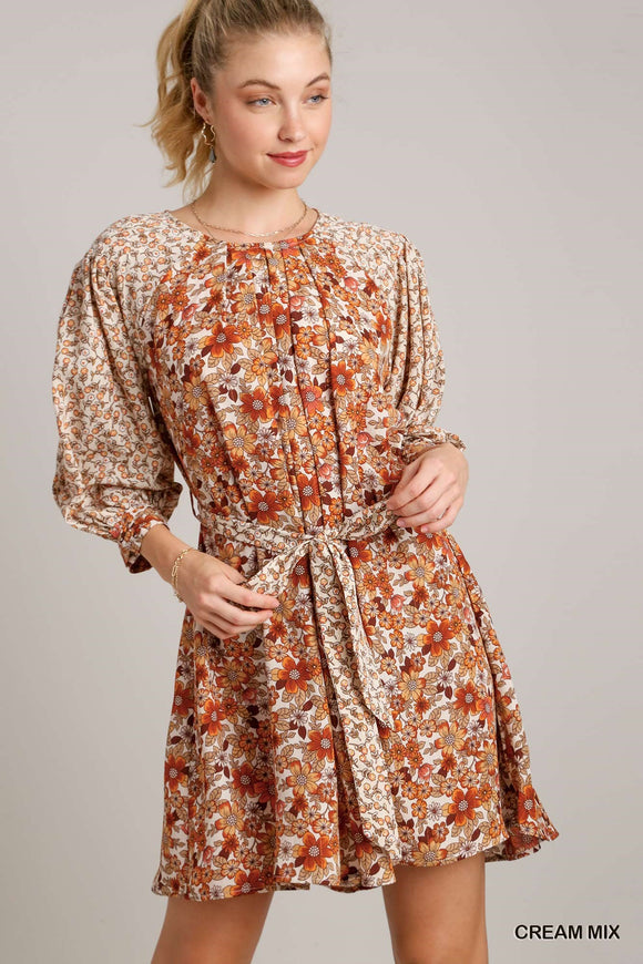 Mini Floral 3/4 Sleeve Mix Dress with Belt Tie - Cream/Rust
