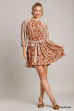 Mini Floral 3/4 Sleeve Mix Dress with Belt Tie - Cream/Rust