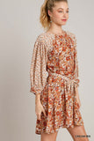 Mini Floral 3/4 Sleeve Mix Dress with Belt Tie - Cream/Rust