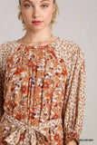 Mini Floral 3/4 Sleeve Mix Dress with Belt Tie - Cream/Rust