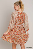 Mini Floral 3/4 Sleeve Mix Dress with Belt Tie - Cream/Rust