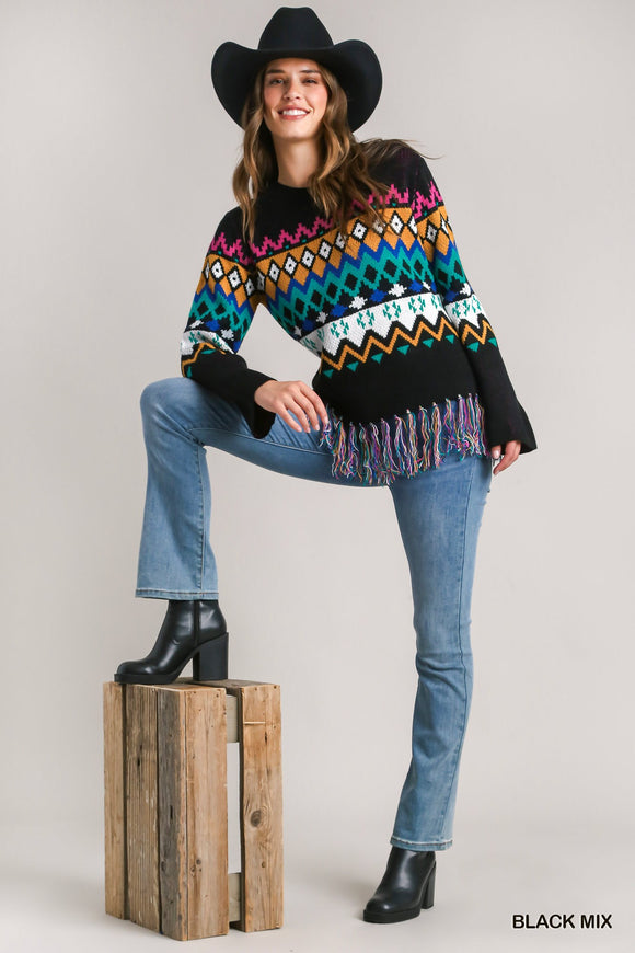 Aztec Print Round Neck Knit Sweater with Tassel Hem