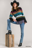 Aztec Print Round Neck Knit Sweater with Tassel Hem