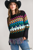 Aztec Print Round Neck Knit Sweater with Tassel Hem