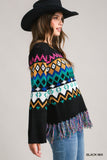 Aztec Print Round Neck Knit Sweater with Tassel Hem