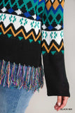Aztec Print Round Neck Knit Sweater with Tassel Hem